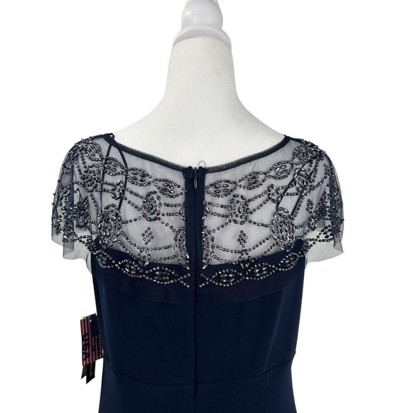 R&M RICHARDS Long Dress with Sheer Beaded Neck and Shoulder Size 10 Navy Blue - Picture 13 of 16